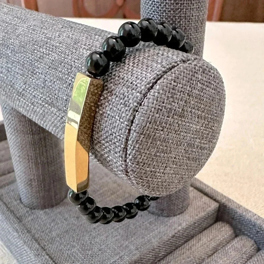 Genuine Onyx Beaded 18k PVD Stainless Steel Bar Stretch Bracelet Waterproof - Picture 3 of 5